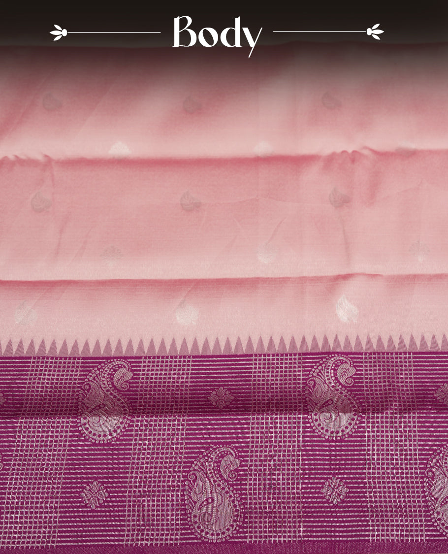 Light pink colour semi silk saree adorned with silver leaf motifs on the body, complemented by a purple pallu intricately woven with rich floral patterns border and pallu, and paired with a matching blouse