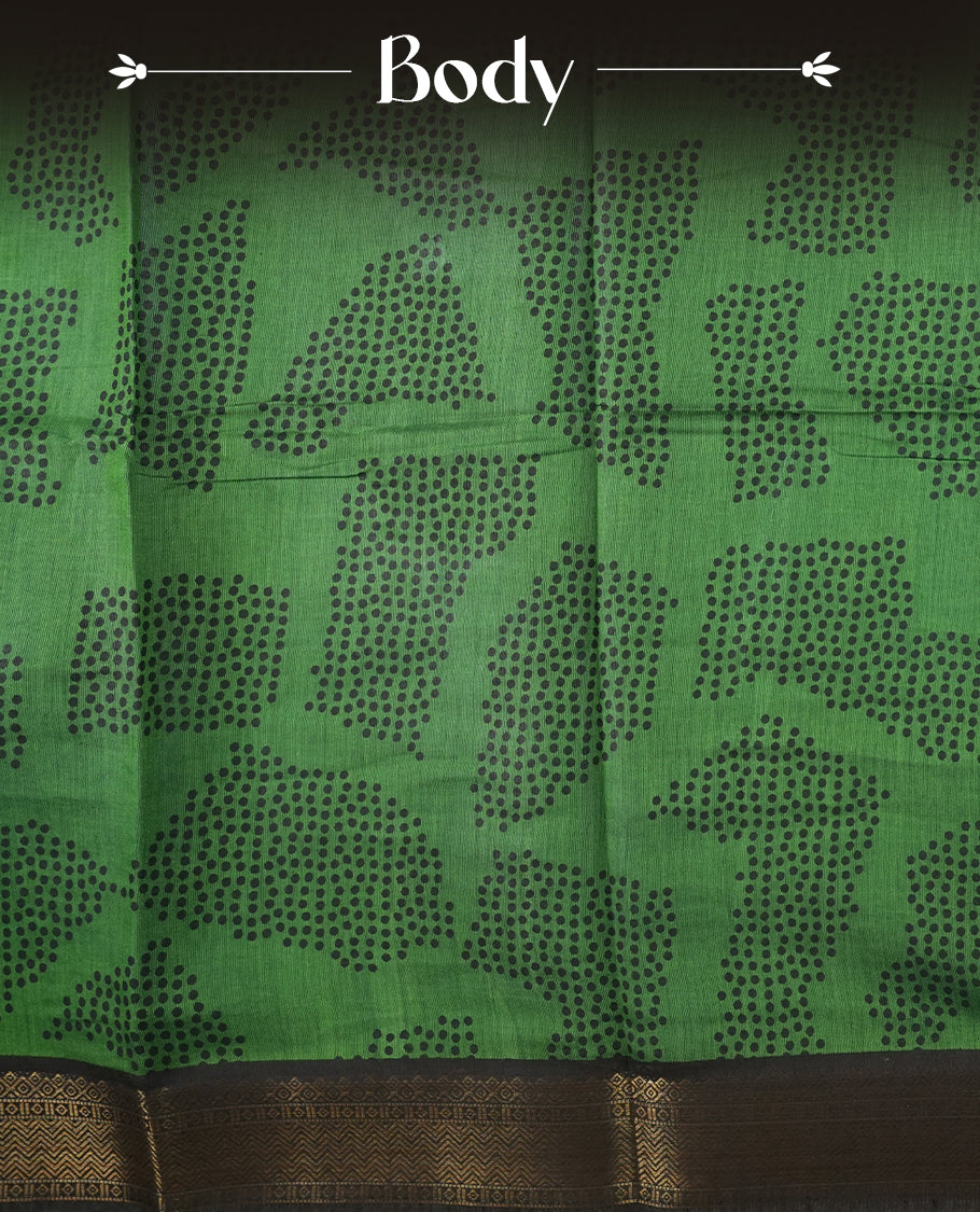 Green colour mixed chanderi cotton saree with black dotted square motifs, black and golden zari border with triangle geometric pattern, striped pallu, and matching green blouse