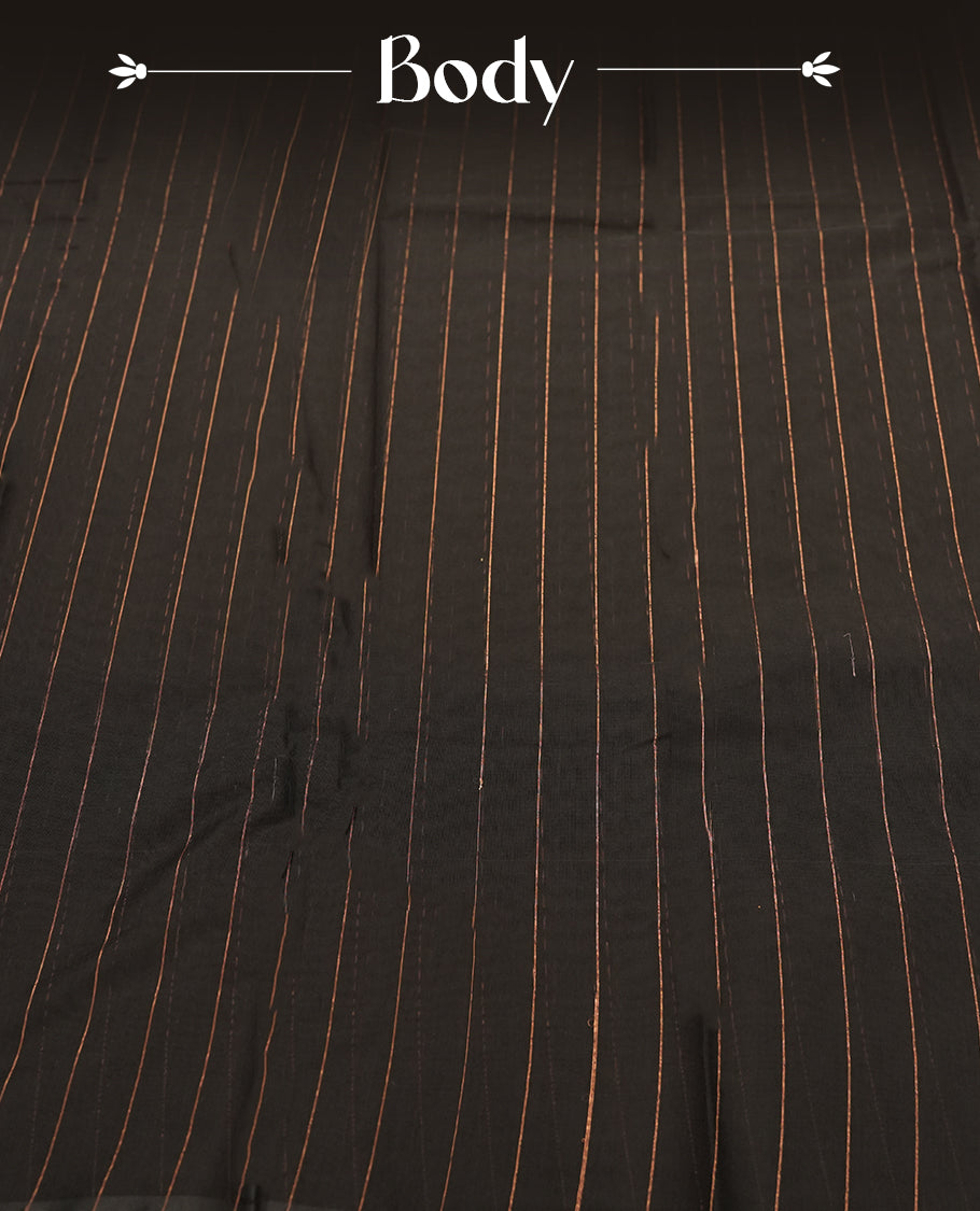 Black Colour Silk Cotton Saree with Gold Striped Body, Accented by Red and Gold Zari Striped Pallu, Paired with Matching Blouse Piece