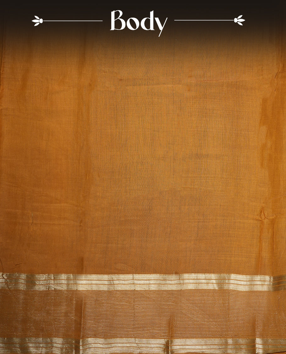 Deep purple colour mixed chanderi cotton saree with plain body, mustard yellow pallu and border with gold zari, and matching mustard blouse.