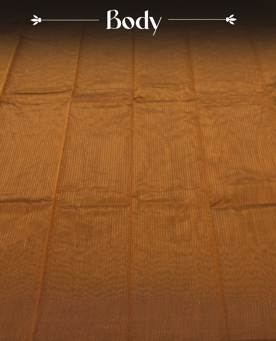 Brown Silk Cotton Saree with Plain Body, Accented by Copper and Black Zari Striped Border on Black and Copper Striped Pallu, Paired with Matching Blouse Piece