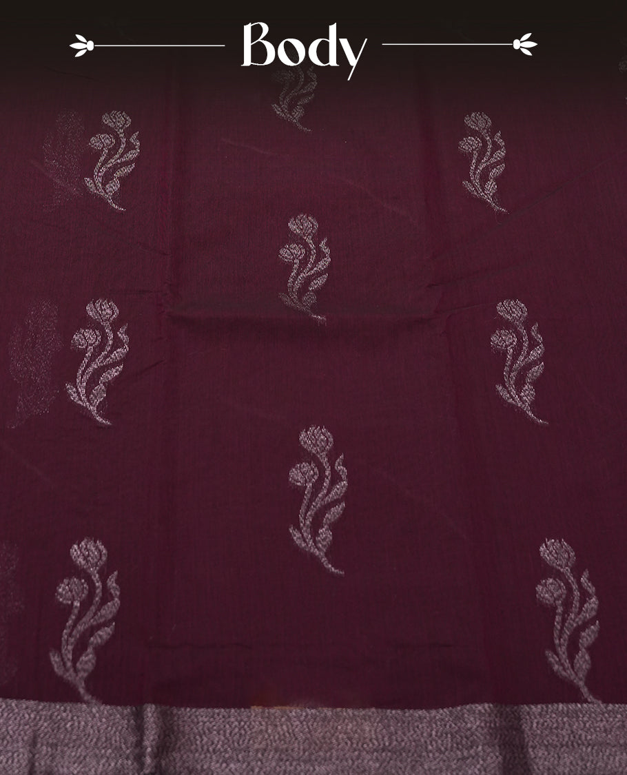Dark Purple Colour Silk Cotton Saree with Dark Silver Floral Butta Body, Contrasting Dark Silver Zari Pallu & Border, Floral Vine Motifs, and Matching Plain Woven Blouse Piece