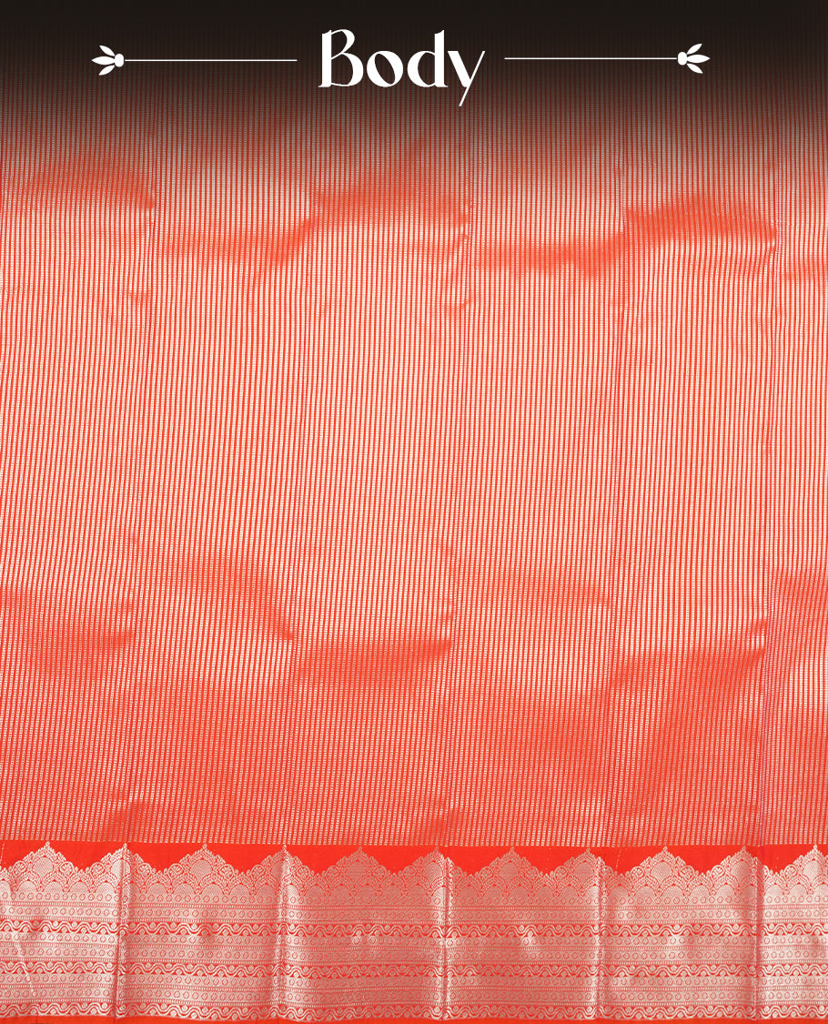 Tomato Red Colour Semi Silk Saree with Silver Striped Body, Self Coloured Silver Zari Pallu & Border, Ornate Scallop Motifs, and Matching Blouse Piece