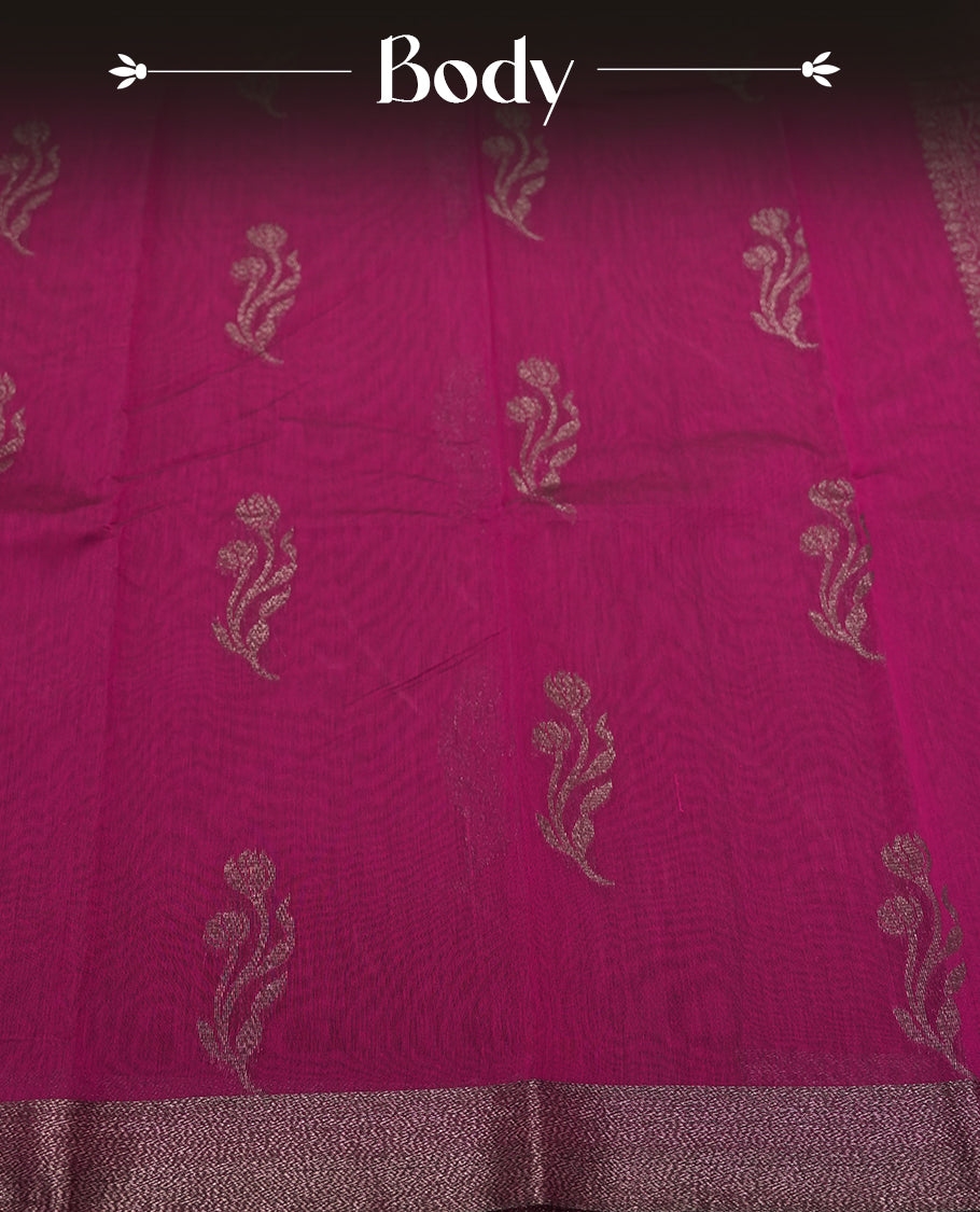 Grape Purple Colour Silk Cotton Saree with Dark Silver Floral Butta Body, Contrasting Dark Silver Zari Pallu & Border, Floral Vine Motifs, and Matching Plain Woven Blouse Piece