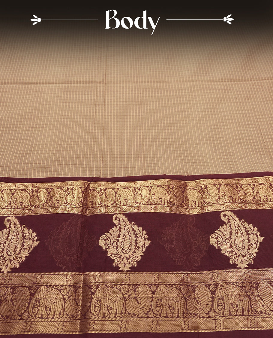 Beige Colour Silk Cotton Saree with Striped Body, Accented by Maroon and Gold Zari Border with Elephant and Paisley Motifs on Pallu, Paired with Matching Blouse Piece