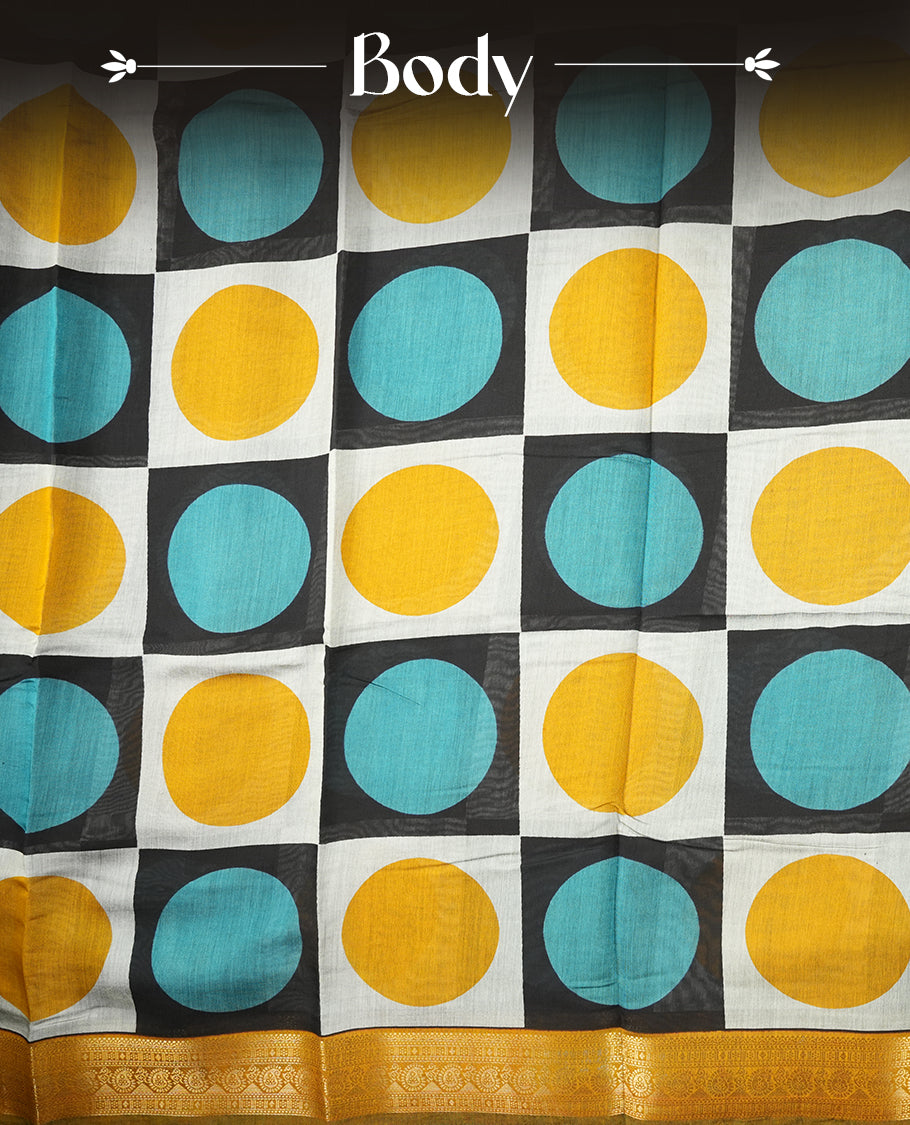 Multicolor mixed chanderi cotton saree with mustard-yellow and turquoise circles on checkerboard squares, golden zari border with floral motifs, geometric pallu, and matching blouse