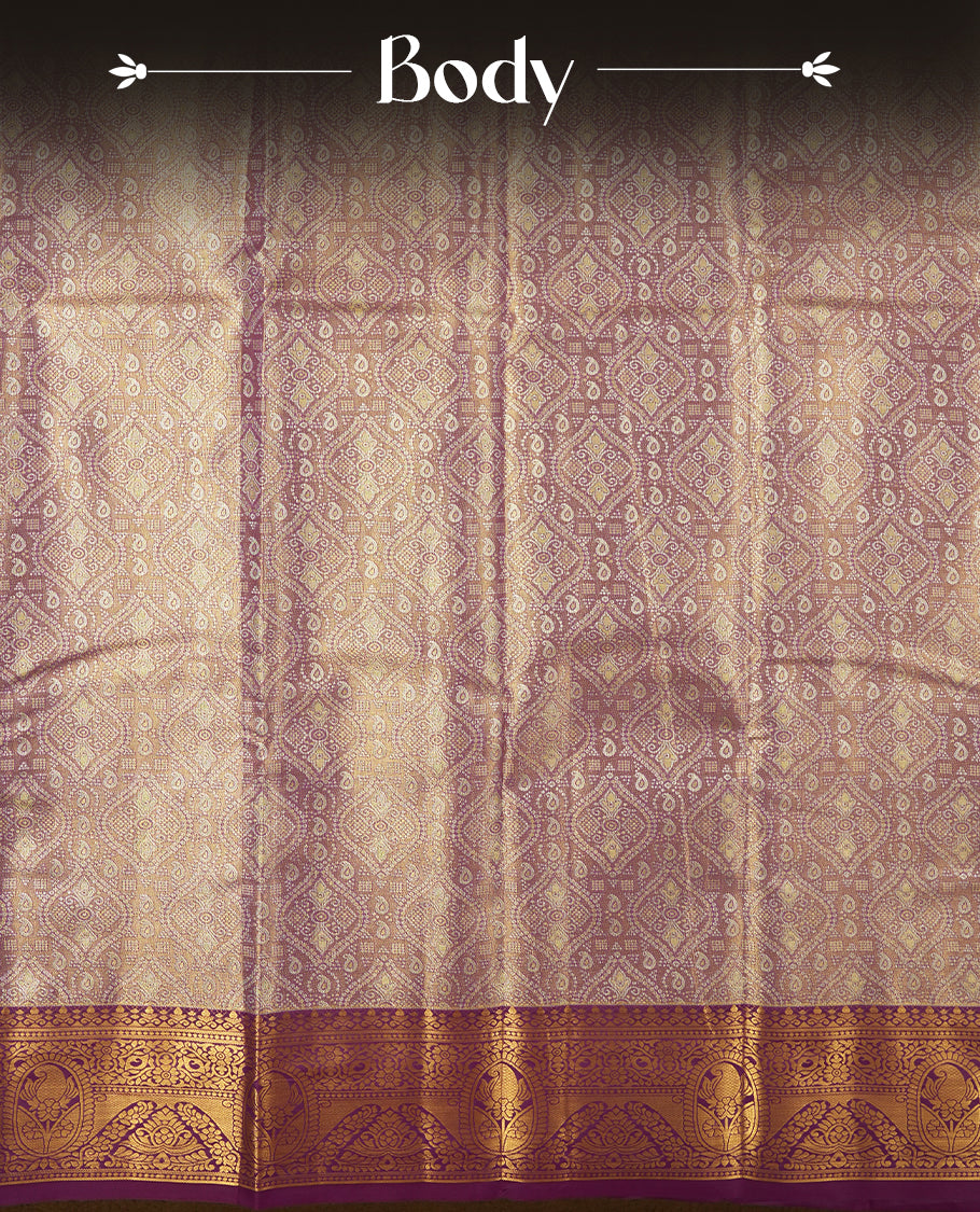 Purple colour and gold & silver Zari Tissue Brocade Saree features intricate Motifs on body and dark magenta contrast border with gold traditional pallu, paired with matching blouse