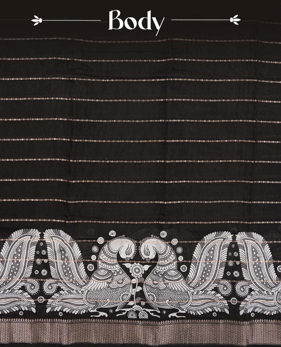 Black colour chanderi silk saree with gold zari strip pattern On body, compilmented by self colour border with antique zari pattern & white peacock print pattern and a matching blouse.