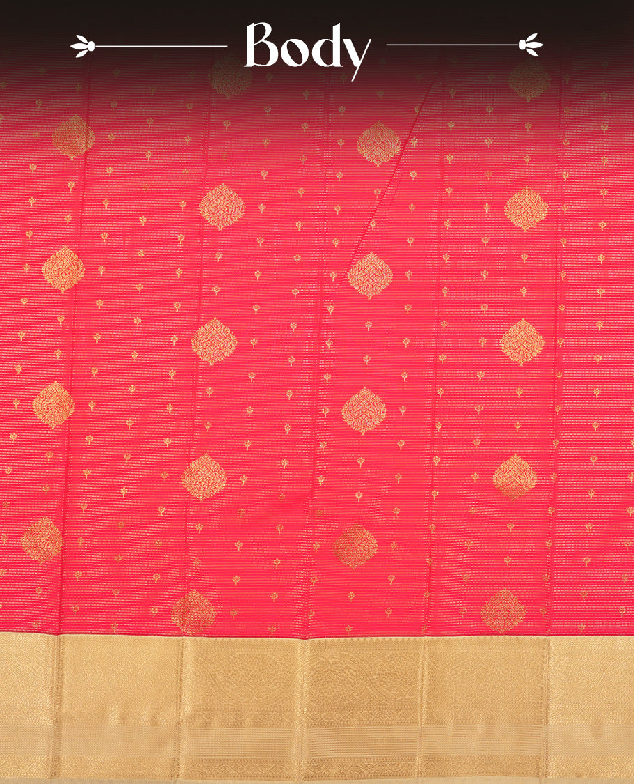 Coral Pink Colour Semi Silk Saree with Golden Diamond Butta Motifs, Self Coloured Golden Zari Pallu & Border, Chevron Patterns, and Matching Blouse Piece