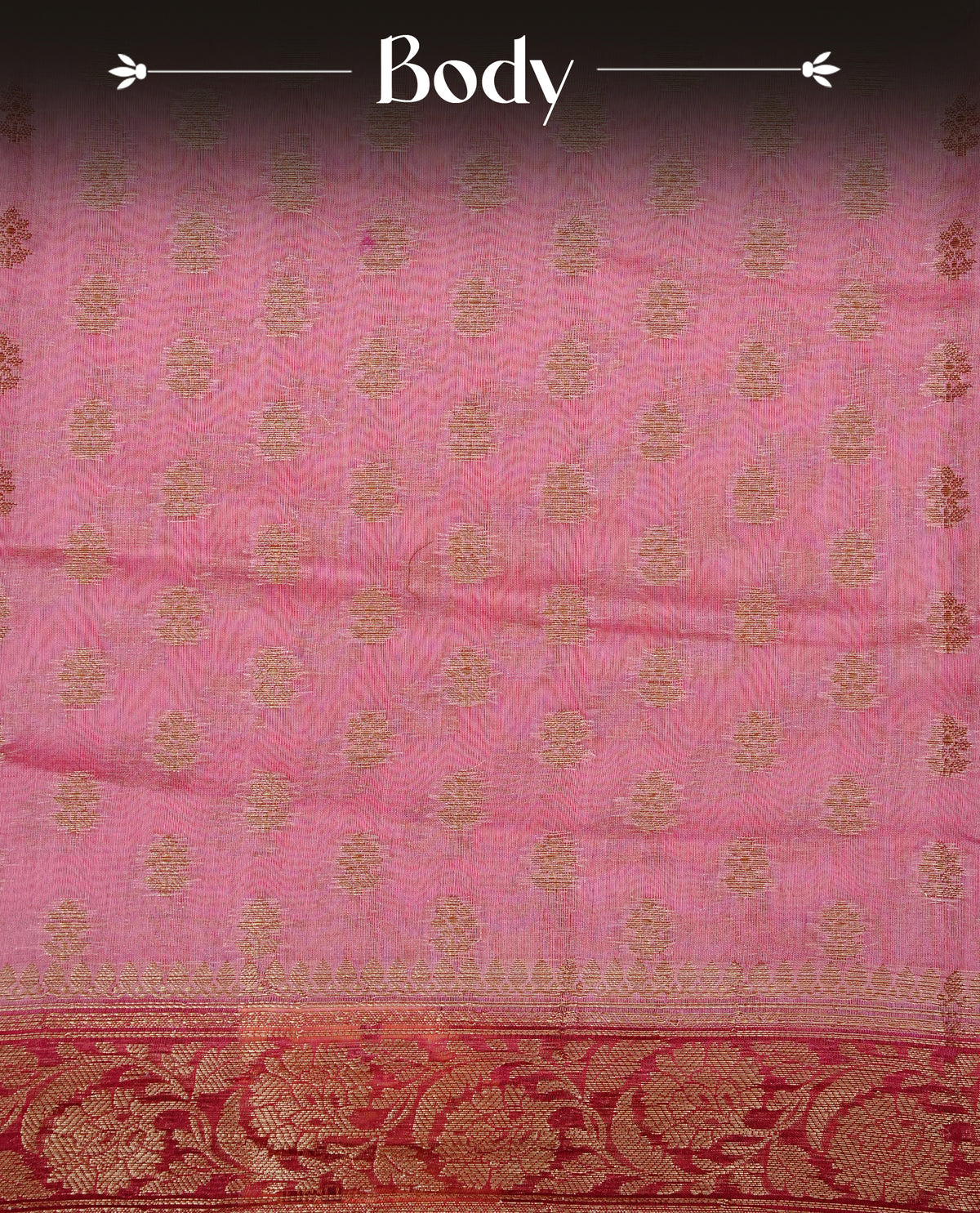 Pink colour Banaras silk saree featuring gold zari buttas on body, complemented by contrast Maroon colour border, comes with matching blouse piece.