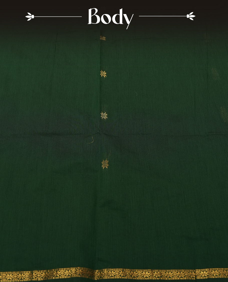 Deep Emerald Green and Silver Grey colour Silk Cotton Saree with Tiny Gold Zari Star Buttas on the Body, Slim Floral Zari Borders, Broad Silver Tissue Panel across the Pallu with subtle stripes, and a Plain Silver Grey Blouse with Matching Border