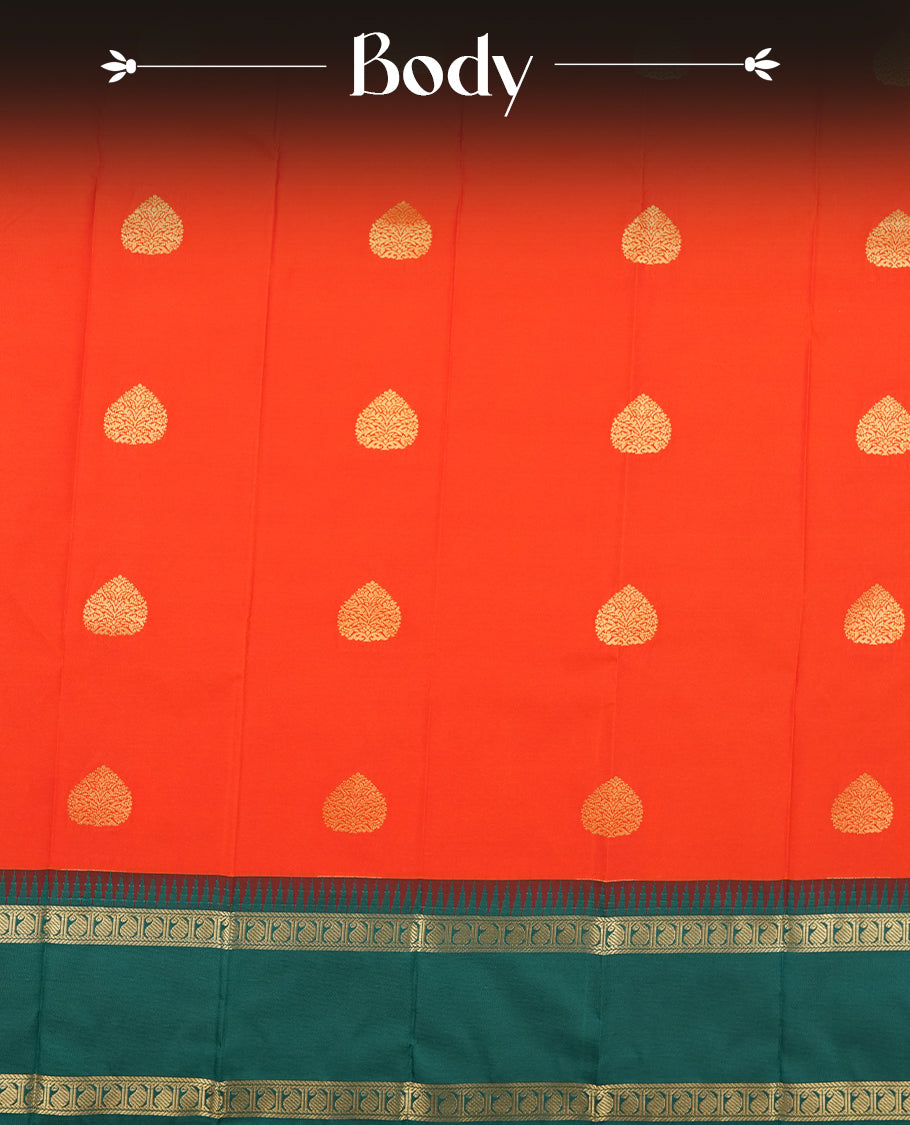 Red orange colour Semi Silk Saree with gold zari patterns on the body, paired with a contrasting Green traditional pallu and border, and a matching blouse piece.