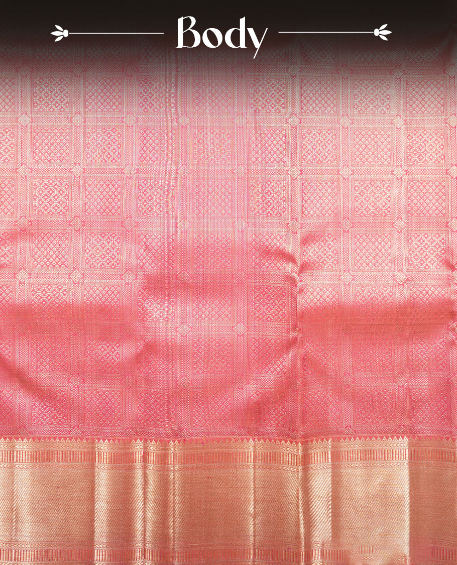 Pink colour Kanchipuram Samudrika Silk Saree featuring Square pattern weaving with gold zari jacquard and a traditional Kanchipuram zari border, paired with a matching designer jacquard blouse piece