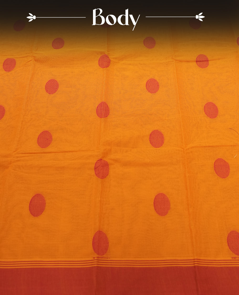 Orange Silk Cotton Saree with Red Orange Buttas Body, Accented by Red Orange Brocade and Wavy Zari Border on Red Pallu, Paired with Matching Blouse Piece