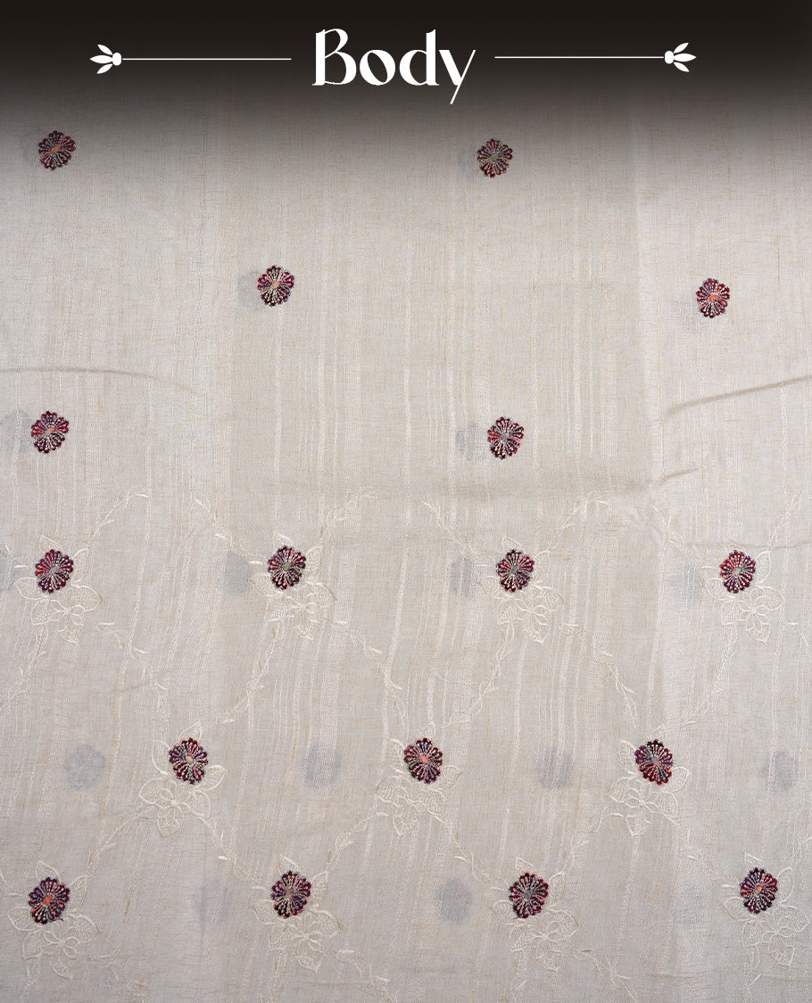 Cream colour semi tuseer silk saree featuring with Self colour thread embroidery kodi pattern & brown colour floral thread motifs all over body, pallu, and paired with matching blouse piece.