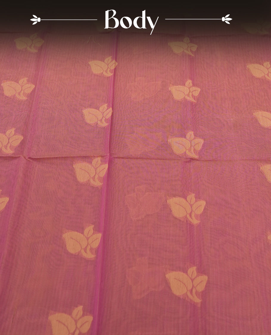 Blush Red Colour Silk Cotton Saree with Cream Leaf Butta Body, Contrasting Cream Zari Pallu & Border, Floral Motifs, and Matching Woven Blouse Piece
