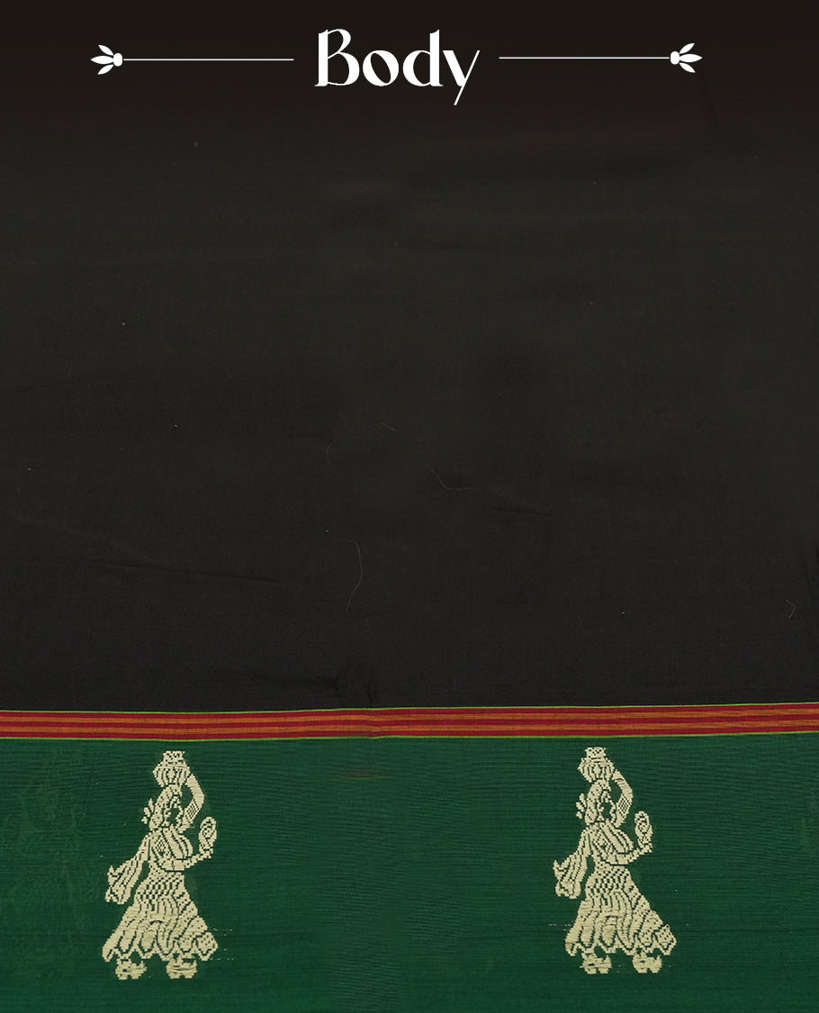 Black colour Narayanapattu cotton saree with a plain black body, green pallu adorned with traditional dancer motifs in thread work, and a maroon striped border & A cultural classic, this saree comes without a blouse piece.