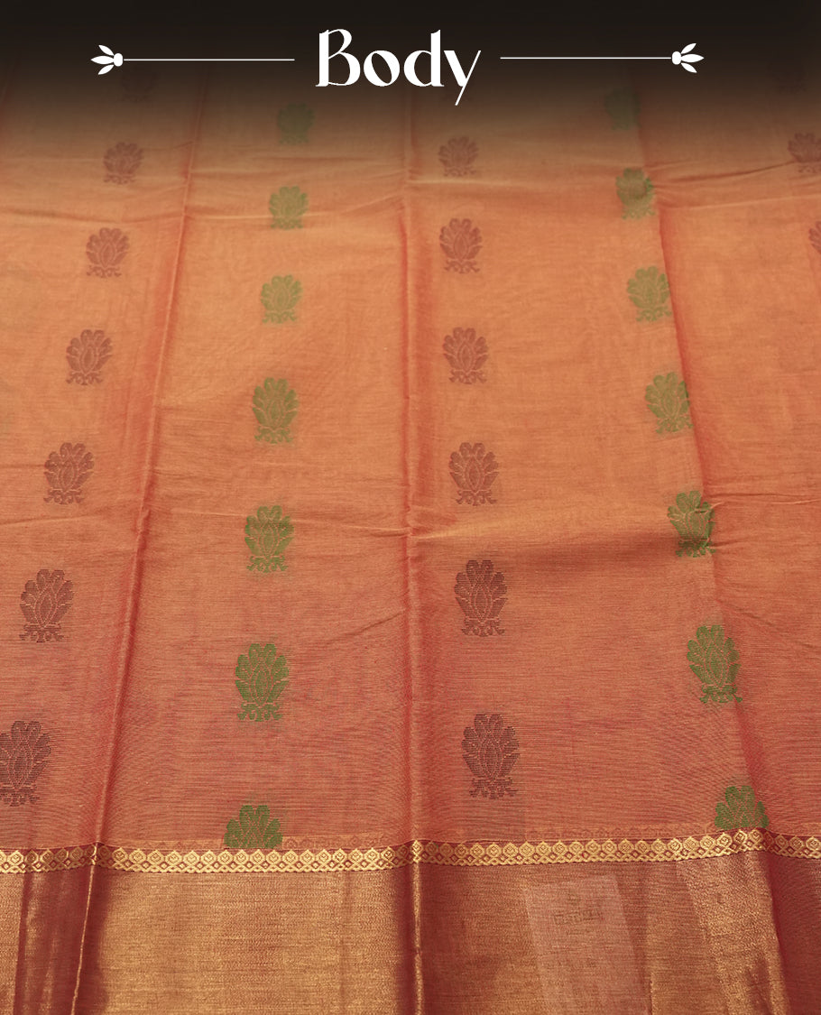 Coral Silk Cotton Saree with Sage Green and Burgundy Butta Body, Accented by Sage Green and Gold Zari Ornamental Border on Burgundy Pallu, Paired with Matching Blouse Piece