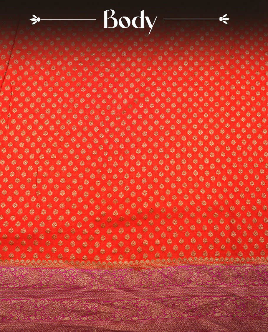 Orange colour pure Banarasi Crepe saree featuring Antique zari Flower Motifs all over the body, complemented by an contrast Pink dye colour with gold zari Floral Kodi Worked border and pallu, with matching blouse.