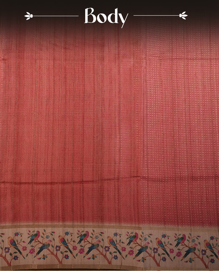 Peach colour tussar saree featuring golden zari dot stripped pattern on the body, complemented by a contrast cream colour mutlicolour floral kodi & animal print on border & pallu, paired with a matching blouse.