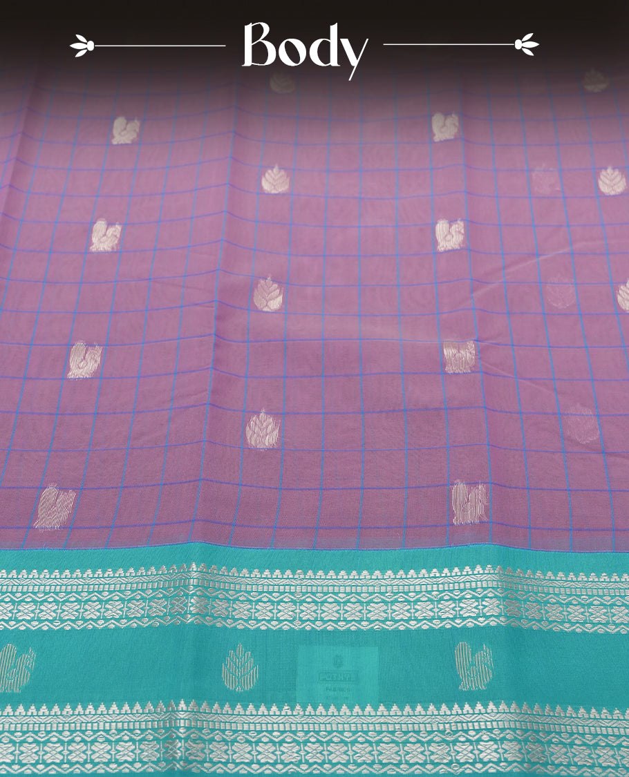 Mauve Silk Cotton Saree with Silver Butta Body, Accented by Teal and Silver Zari Geometric Border on Teal and Silver Striped Pallu, Paired with Matching Blouse Piece