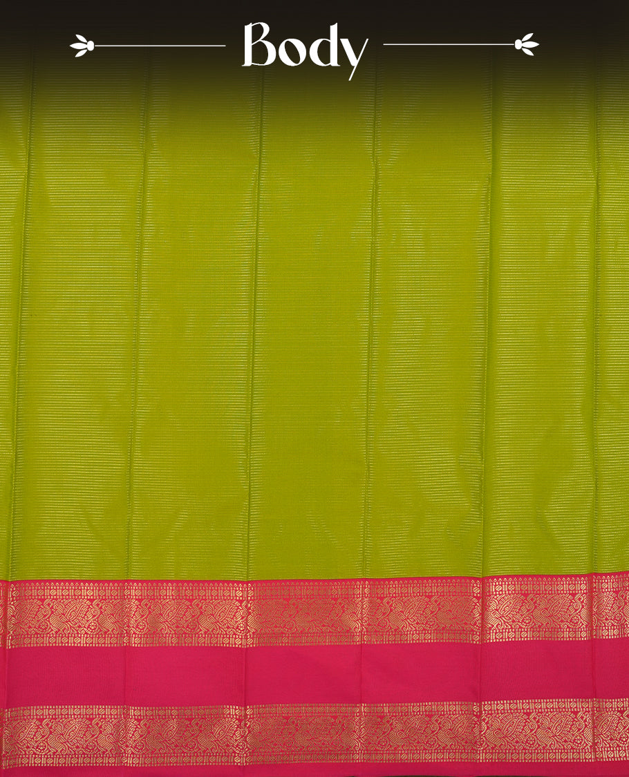 Lime green colour Semi Silk Saree with gold zari striped patterns on the body, paired with a contrasrich maroon traditional pallu and border, and a matching blouse piece.