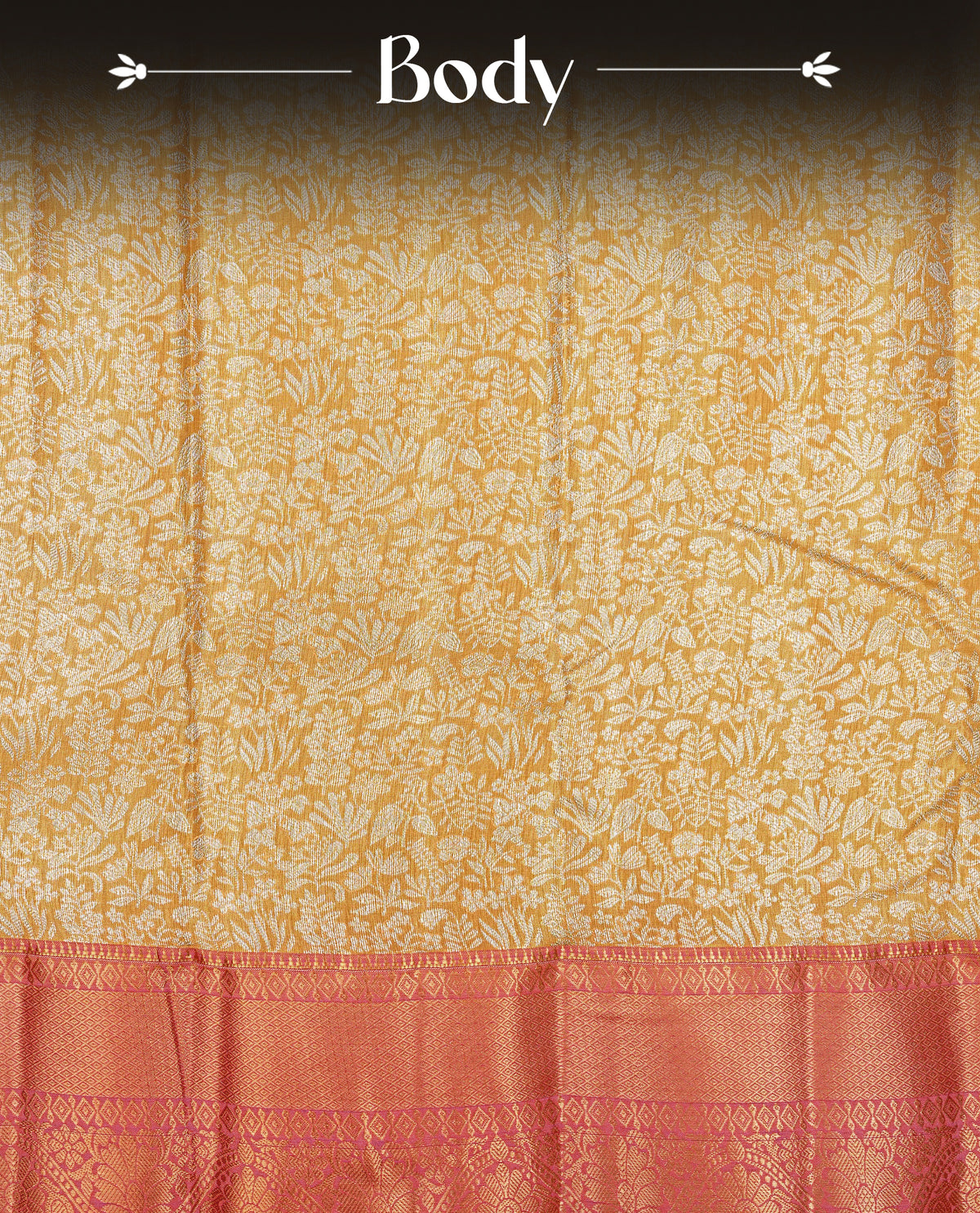 Gold colour Semi tissue silk saree featuring silver zari kodi floral motifs on body, Contrast Mauve colour with traditional border, paired with matching blouse piece.
