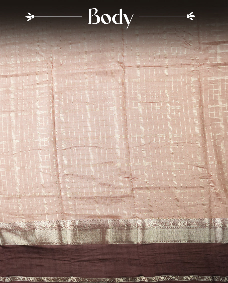 Light brown colour mixed chanderi cotton saree with checkered plaid body, brown pallu featuring gold zari border, and matching blouse.
