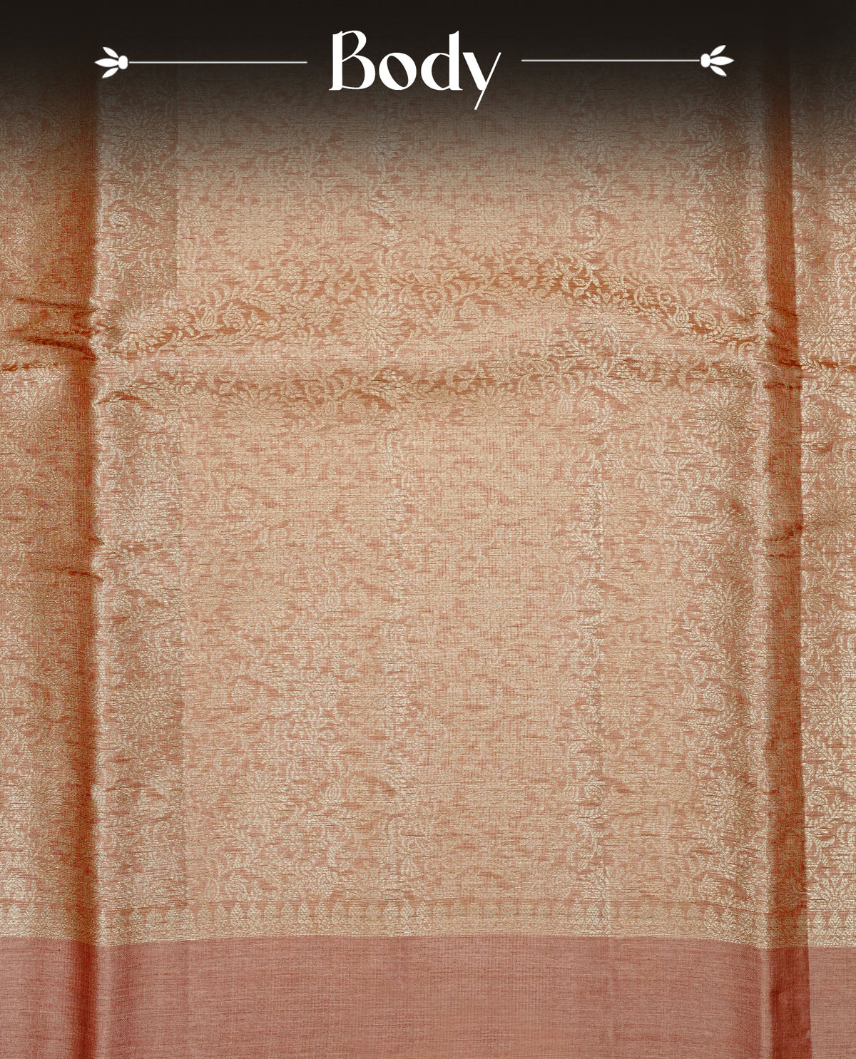 Bronze Colour banaras saree featuring Light gold zari Floral kodi pattern on body, complemented by borderless finish, comes with matching blouse piece.