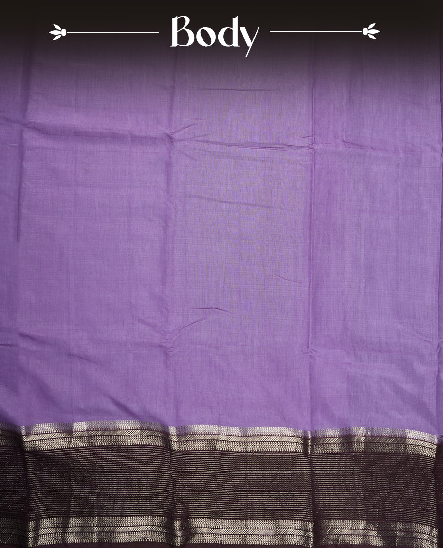 Lavender colour mixed chanderi cotton saree with plain body, chocolate brown pallu with silver zari border and geometric motifs, and matching blouse