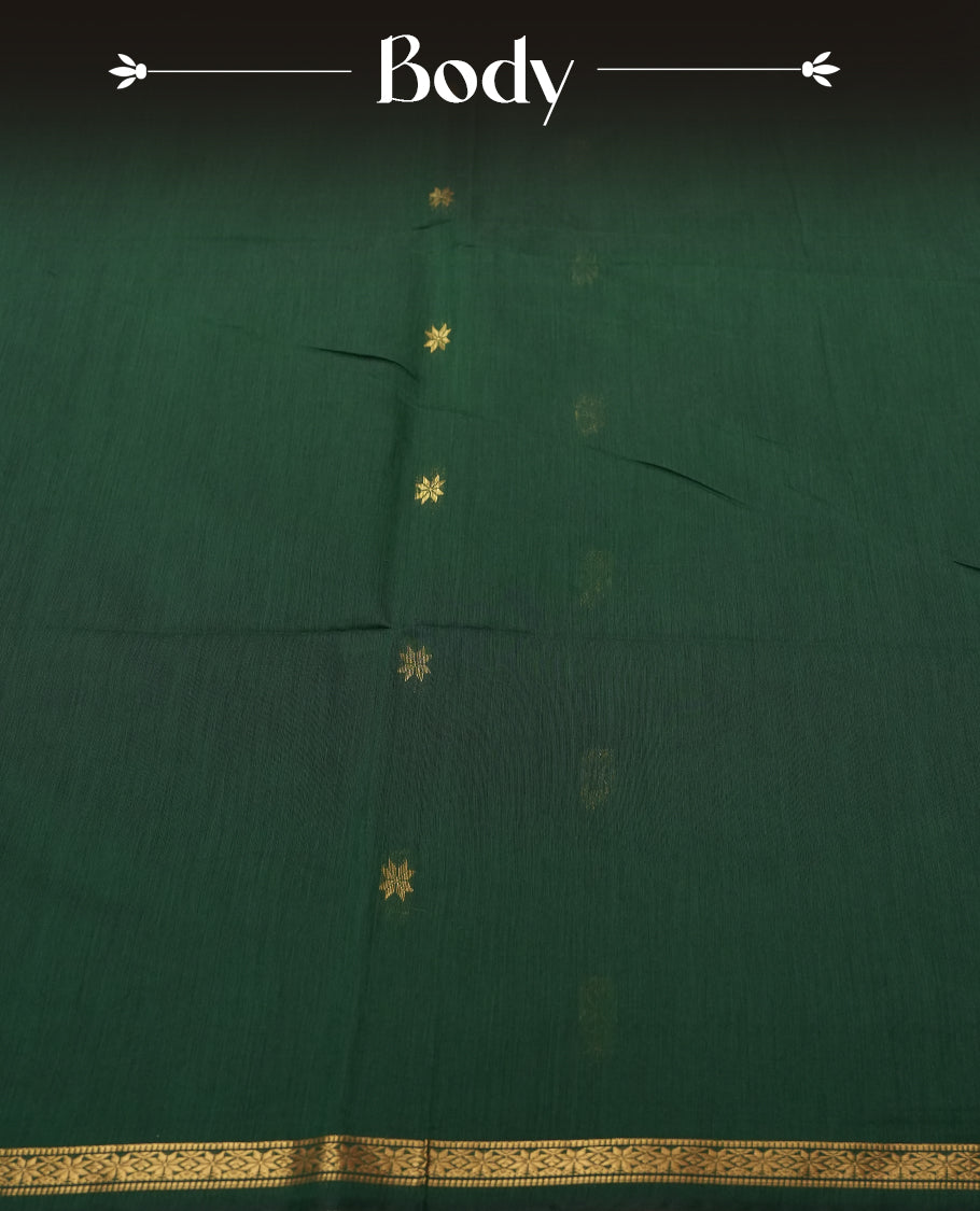 Green Silk Cotton Saree with Gold Floral Buttas Body, Accented by Gold Zari Border and Striped Pallu, Paired with Matching Blouse Piece