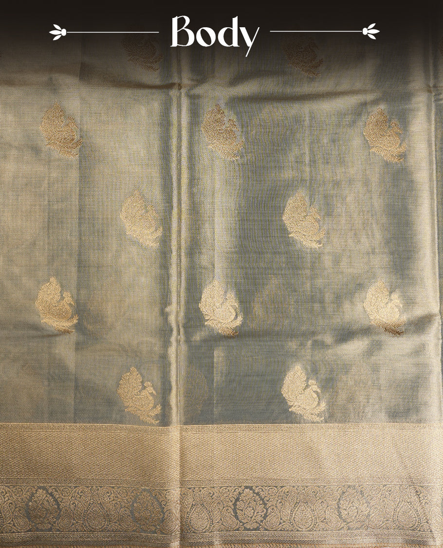 Olive & Gold double shade colour tissue banaras silk saree featuring antique gold zari motifs on the body with rich traditional zari border and pallu, paired with a matching blouse piece.