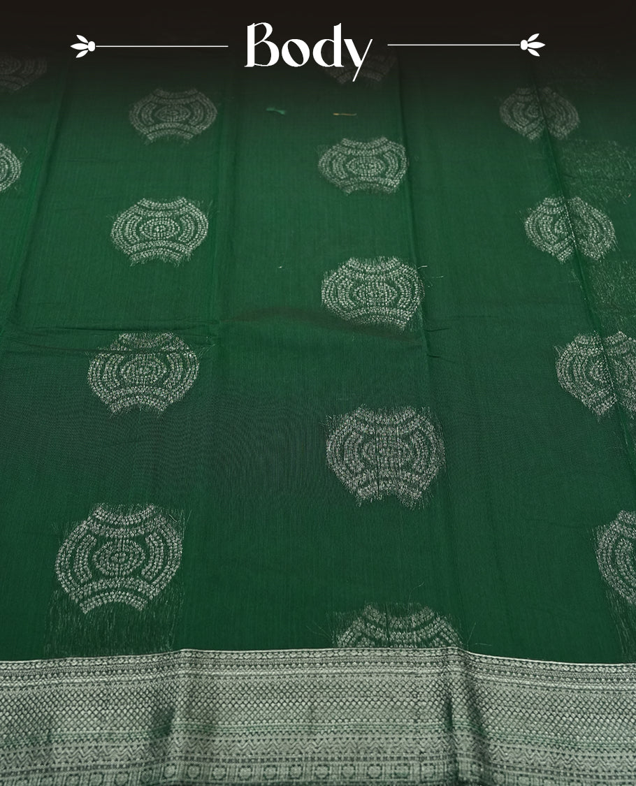 Dark Green Silk Cotton Saree with Silver Butta Body, Accented by Silver Zari Ornamental Border on Grand Pallu, Paired with Matching Blouse Piece