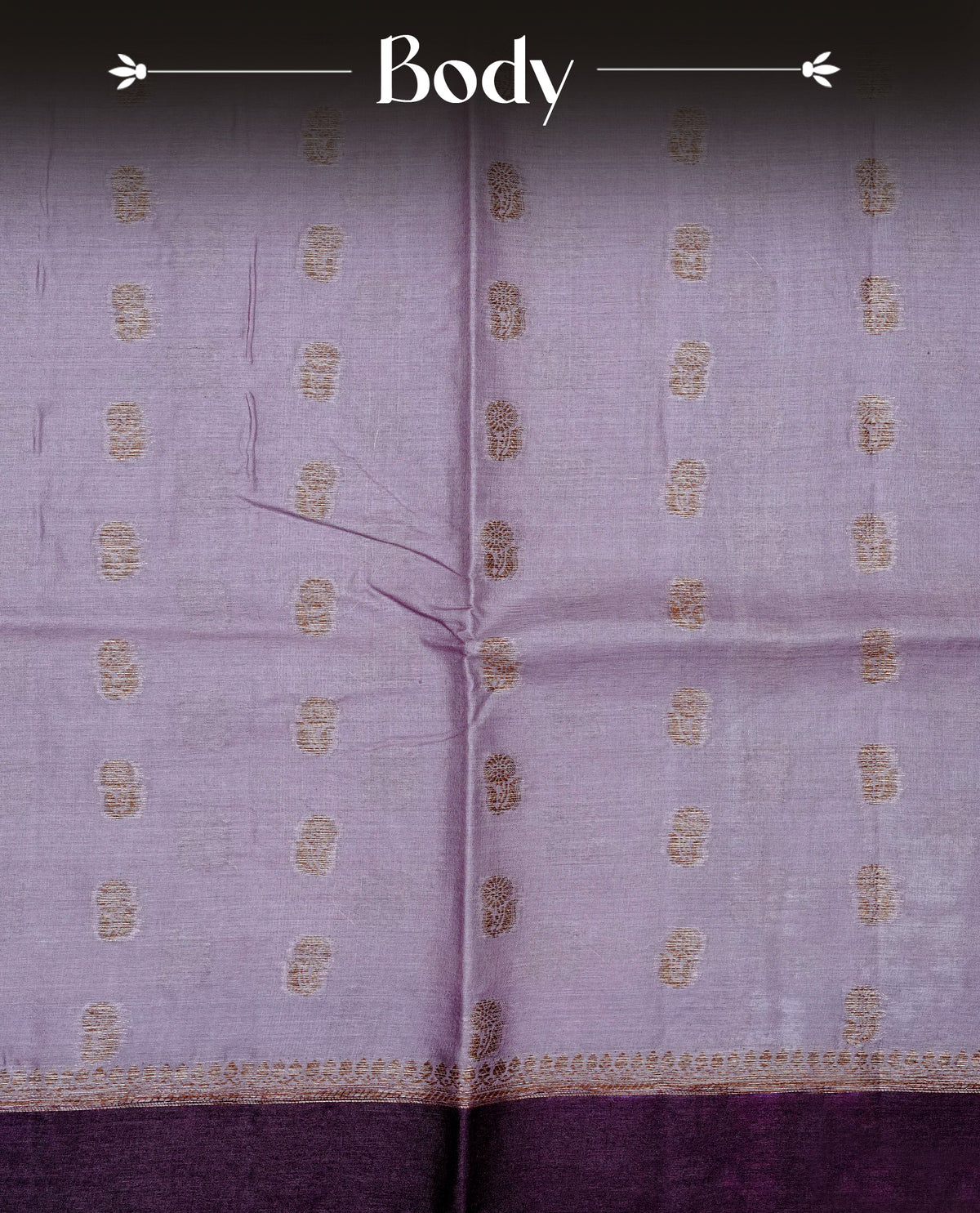 Light purple colour banaras silk saree featuring Gold zari buttas on body, complemented by contrast Purple colour border, comes with matching blouse piece.