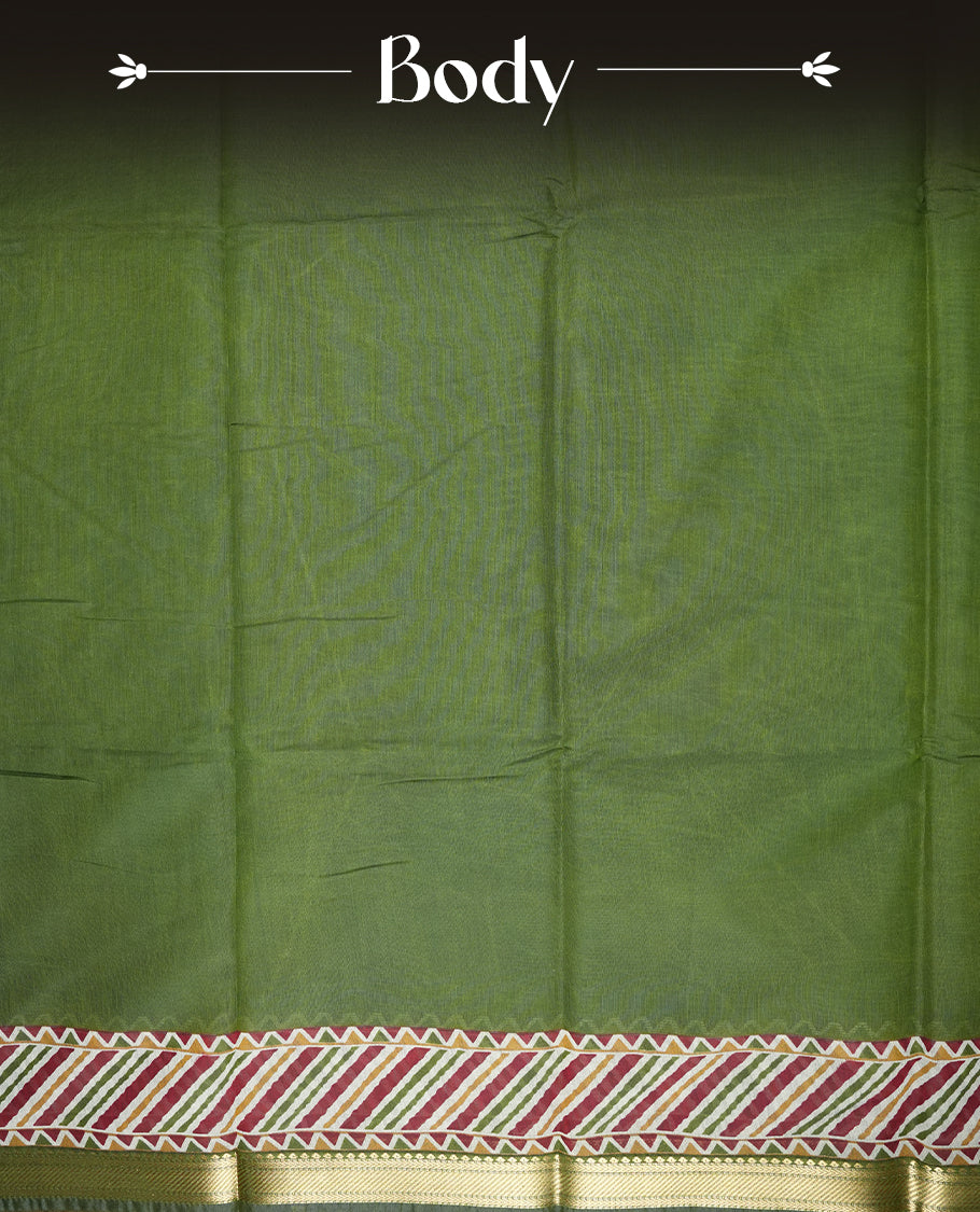 Olive green colour chanderi cotton saree featuring plain body, multicoloured printed geometric border with diagonal stripes, zigzag and floral motifs, golden zari border, and matching striped blouse.