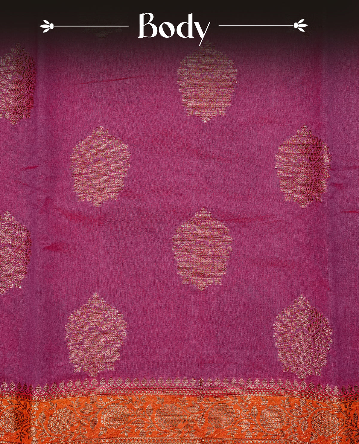 Magenta colour banaras saree featuring gold zari motifs on body, complemented by contrast orange colour with gold zari border, comes with matching blouse piece.