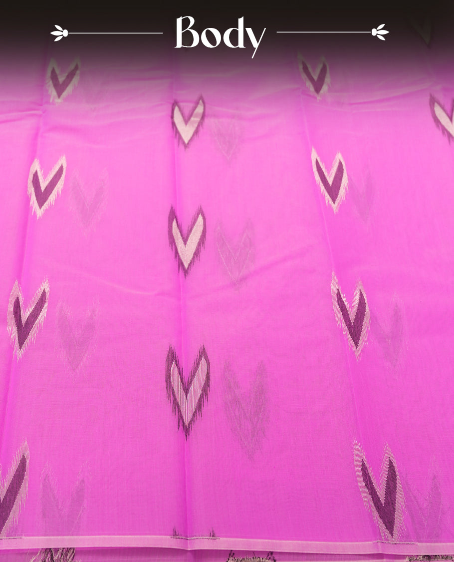 Pink Silk Cotton Saree with Feather Motifs Body, Accented by White Floral Jacquard Pattern on Pink Zari Pallu, Paired with Matching Blouse Piece