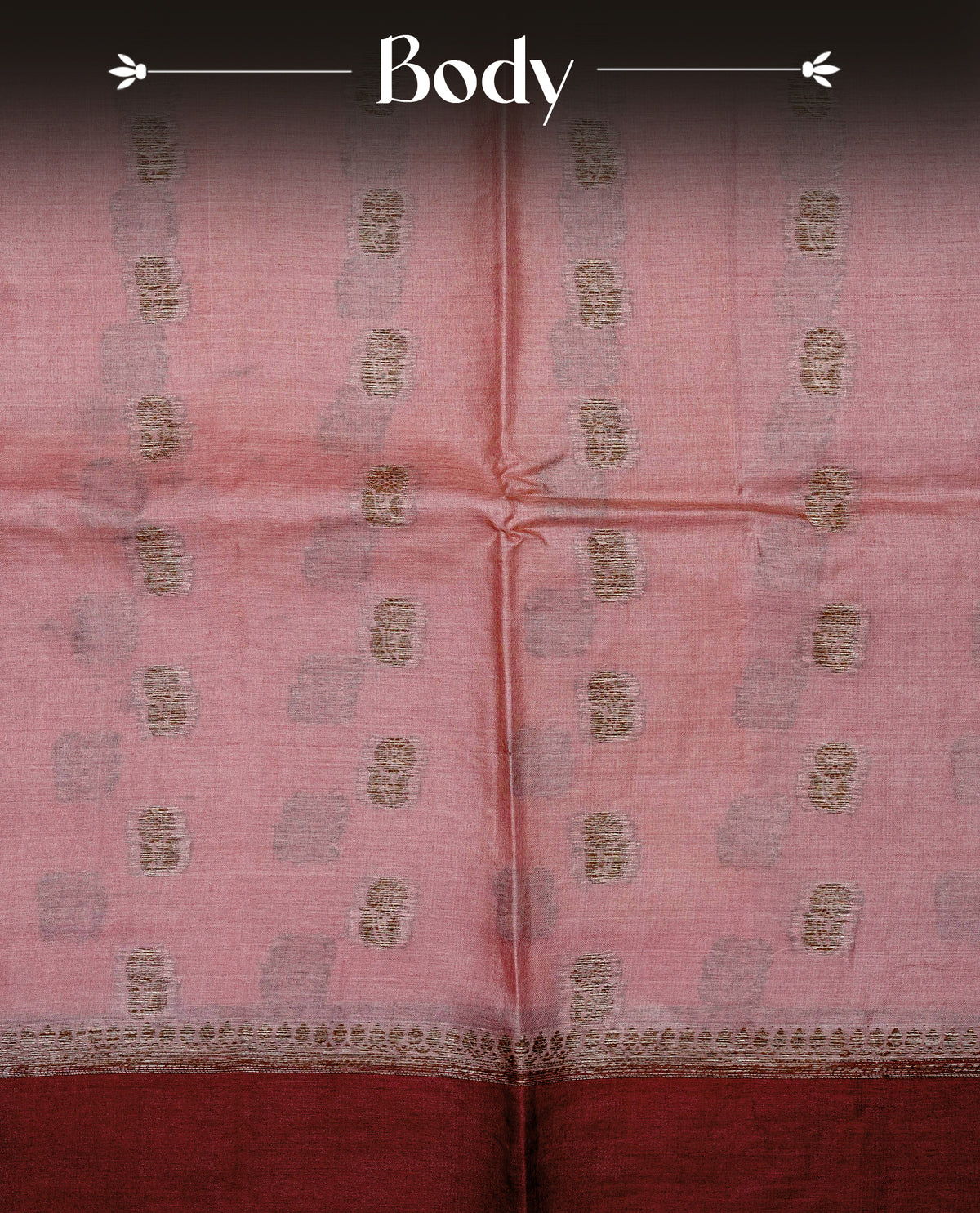 Light peach colour banaras silk saree featuring Gold zari buttas on body, complemented by contrast maroon colour border, comes with matching blouse piece.