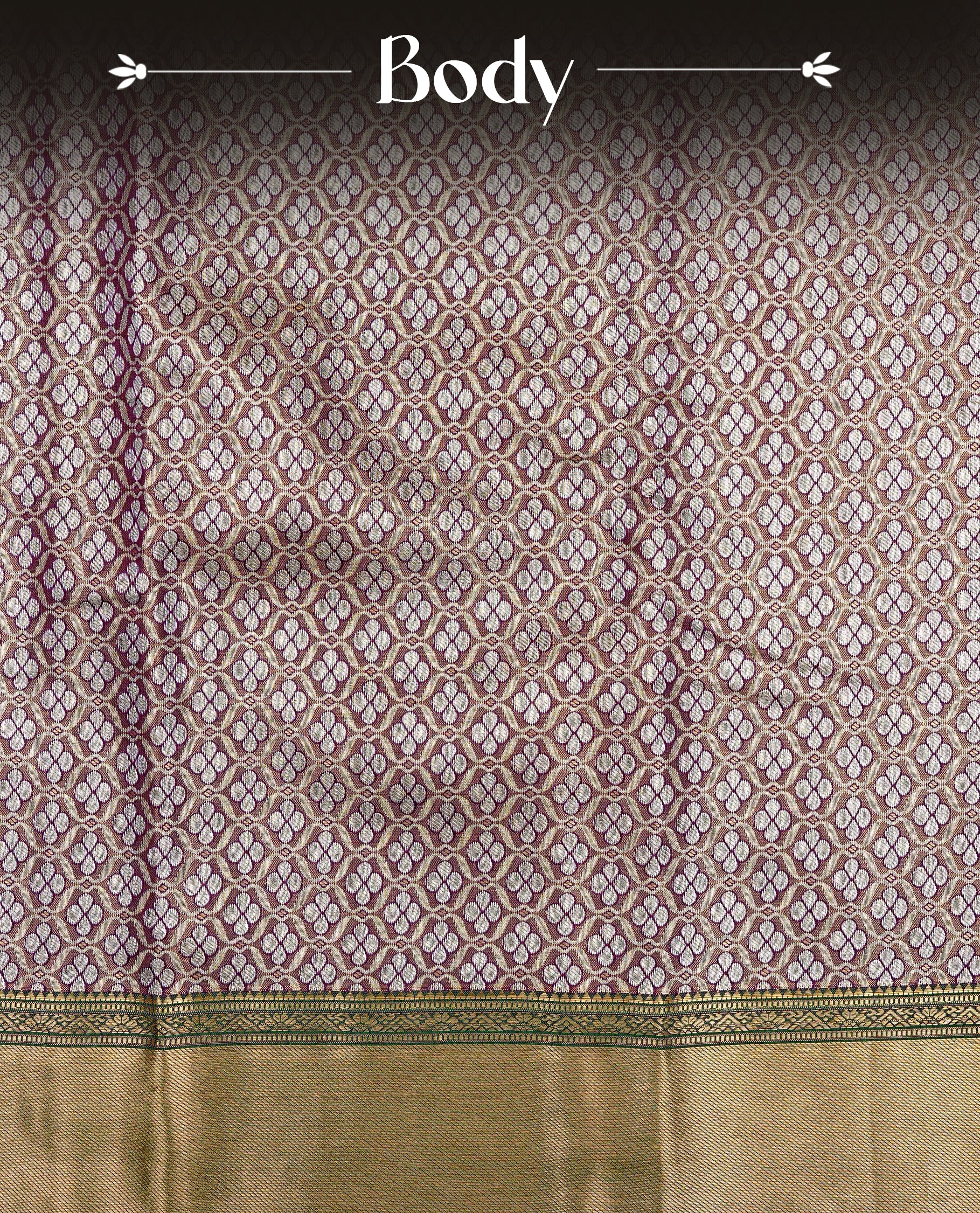 Deep purple & Gold Double shade Semi Tissue Silk saree featuring Light gold Kodi pattern on body, complemented by Contrast Green with gold zari border, paired with matching blouse piece.