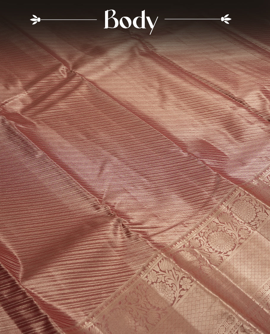 Brick red colour and Antique gold Zari Tissue Brocade Saree features intricate line Motifs on body and traditional border & pallu , paired with matching blouse