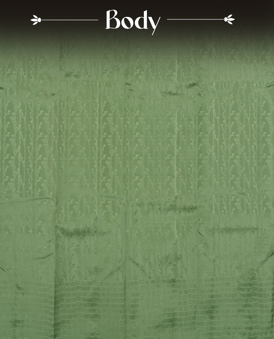 Dark pastel green colour semi soft silk saree featuring a self coloured patterned body, complemented by self coloured pallu & border and a matching blouse piece.