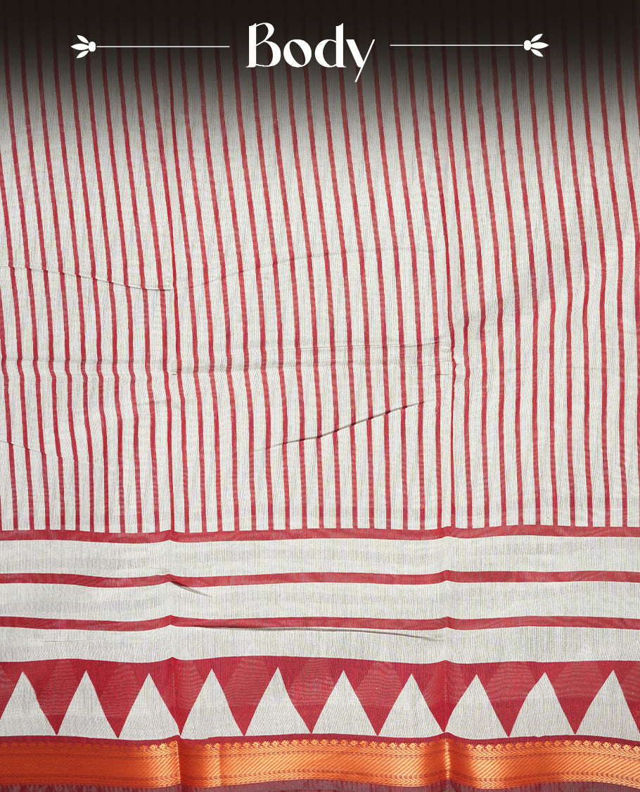 Coral red and off-white colour mixed chanderi cotton saree with striped body, coral pallu, copper zari geometric triangle border, matching coral blouse.