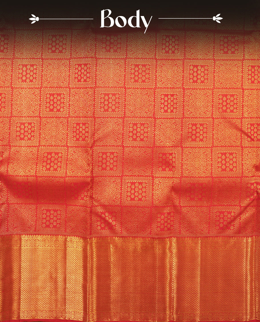 Deep red colour Kanchipuram Samudrika Silk Saree featuring Floral in square pattern weaving with gold zari jacquard and a traditional Kanchipuram zari border, paired with a matching designer jacquard blouse piece