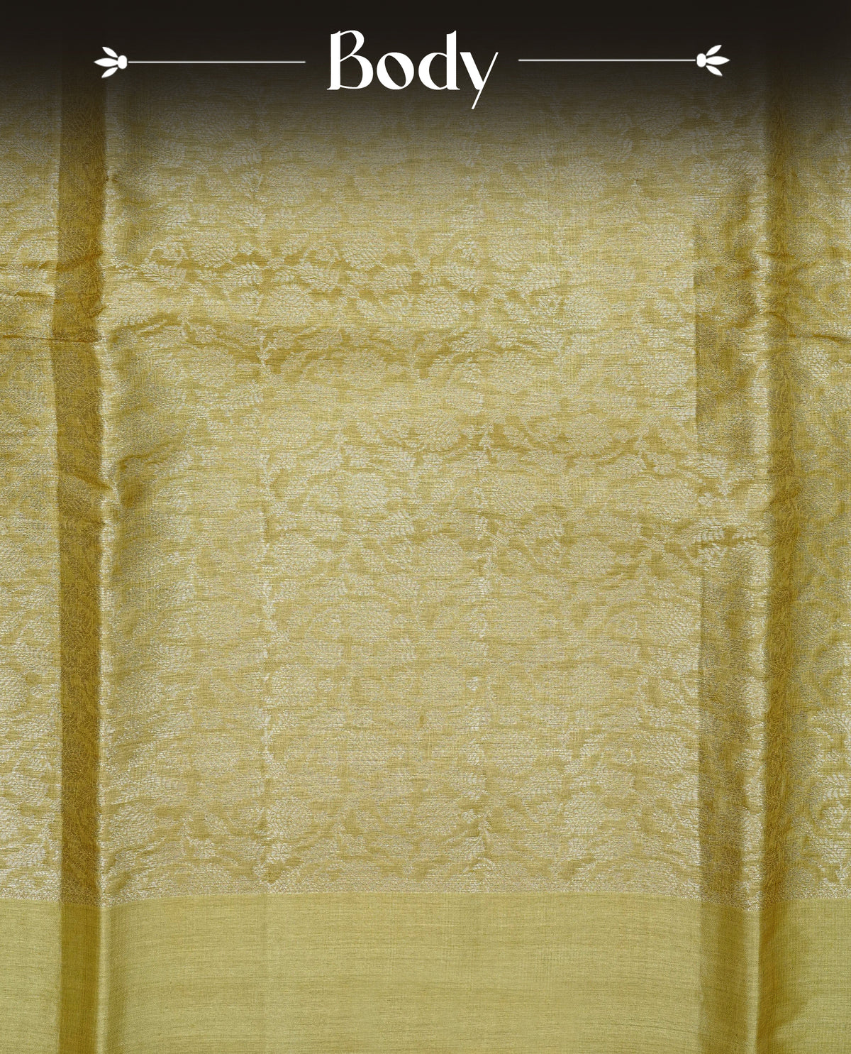 Mustard olive Colour banaras saree featuring Light gold zari Floral kodi pattern on body, complemented by borderless finish, comes with matching blouse piece.