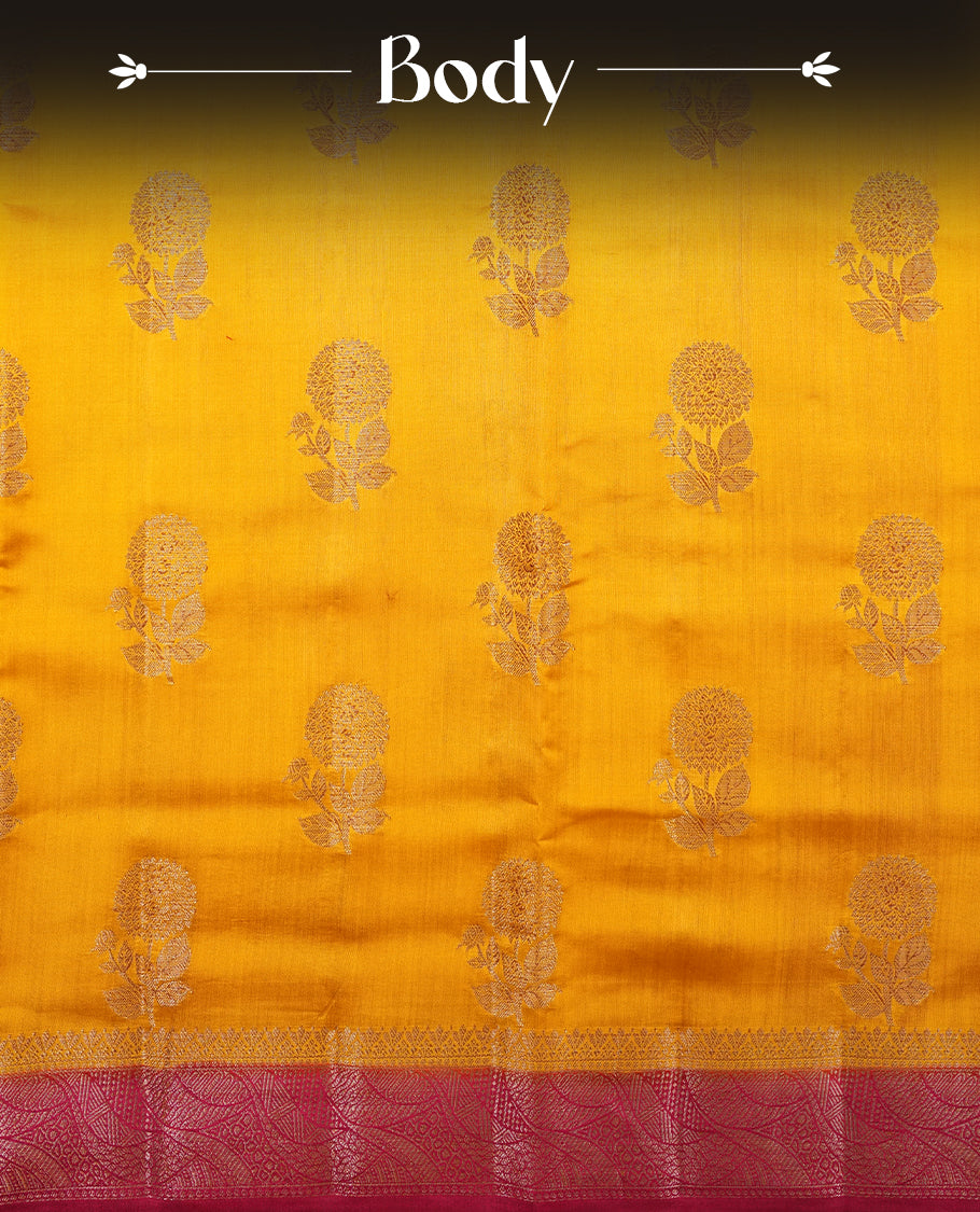 Mustard Colour Pure Banaras soft Silk Saree having gold floral motifs on Body with contrast Dark pink colour gold zari Border and matching Blouse