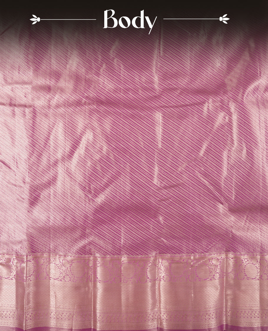 Neon Purple colour and rose gold Zari Tissue Brocade Saree features intricate line Motifs on body and self coloured border & pallu, paired with matching blouse