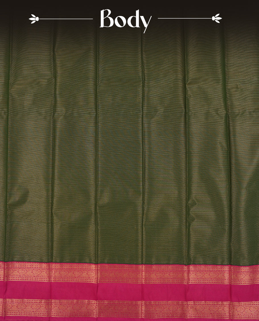Green colour Semi Silk Saree with Plain Textured Body, Contrasting Magenta Pink Golden Zari Pallu & Border, Traditional Diamond Motifs, and Matching Blouse Piece