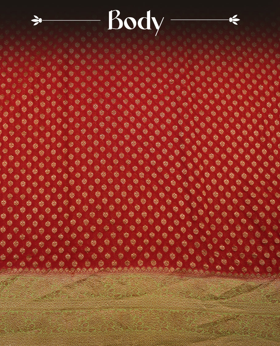 Maroon colour pure Banarasi Crepe saree featuring Antique zari Flower Motifs all over the body, complemented by an contrast Light green dye colour with gold zari Floral Kodi Worked border and pallu, with matching blouse.