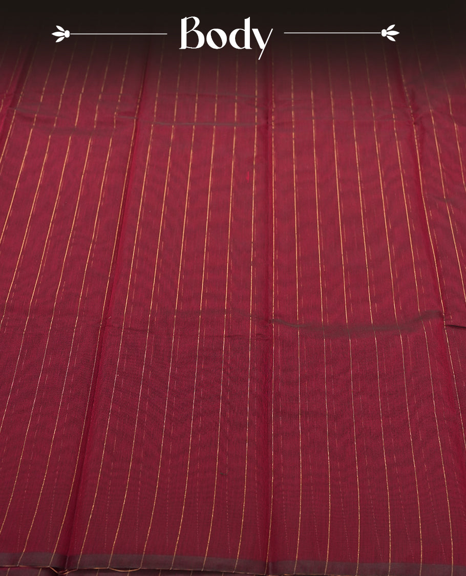 Burgundy Silk Cotton Saree with Red Zari Striped Body, Accented by Pink and Blue Striped Zari Border on Red Pallu, Paired with Matching Blouse Piece