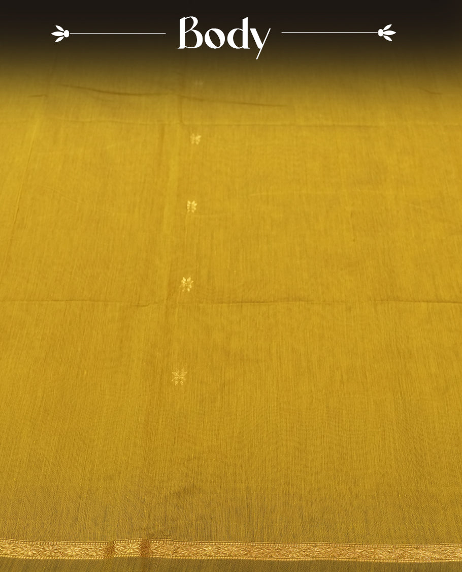 Mustard Yellow and Charcoal Black Colour silk-cotton saree with tiny zari star buttas, black pallu with pinstripes and buttas, slim antique-gold borders, and a plain black blouse accented with matching zari border